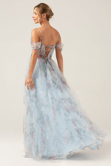 Spalla Fredda A-Line Blu Stampato Lungo Corsetto Abito Da Cerimonia Con Fessura